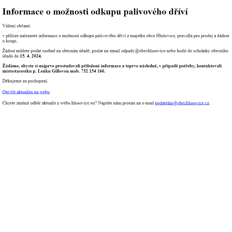 www.hlusovice.eu - Informace o možnosti odkupu palivového dříví