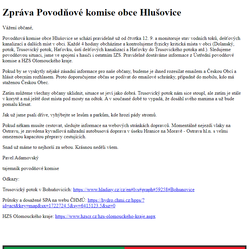 www.hlusovice.eu - Zpráva Povodňové komise obce Hlušovice