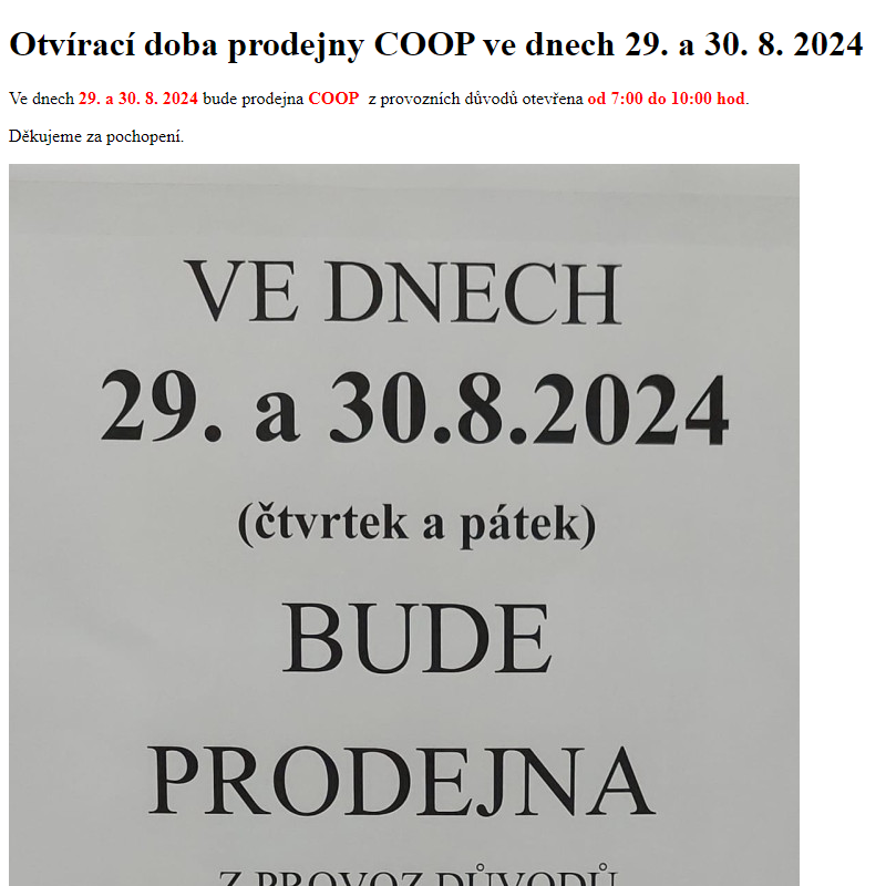 www.hlusovice.eu - Otvírací doba prodejny COOP ve dnech 29. a 30. 8. 2024