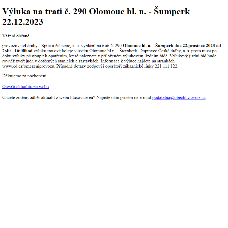 www.hlusovice.eu - Výluka na trati č. 290 Olomouc hl. n. - Šumperk 22.12.2023