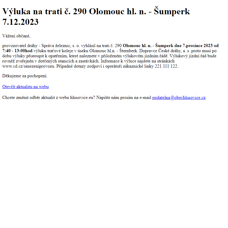 www.hlusovice.eu - Výluka na trati č. 290 Olomouc hl. n. - Šumperk 7.12.2023