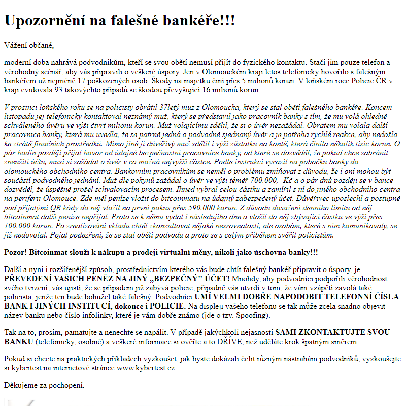 www.hlusovice.eu - Upozornění na falešné bankéře!!!