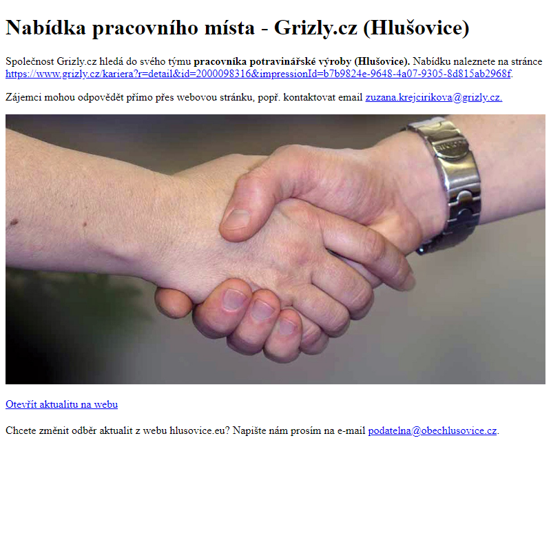 www.hlusovice.eu - Nabídka pracovního místa - Grizly.cz (Hlušovice)