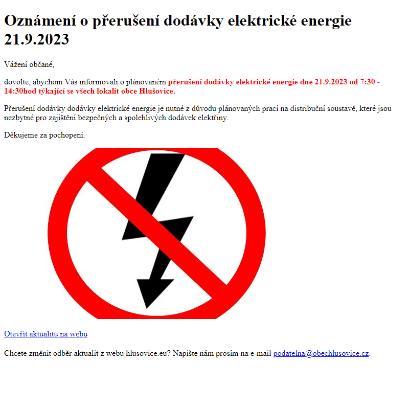 www.hlusovice.eu - Oznámení o přerušení dodávky elektrické energie 21.9.2023