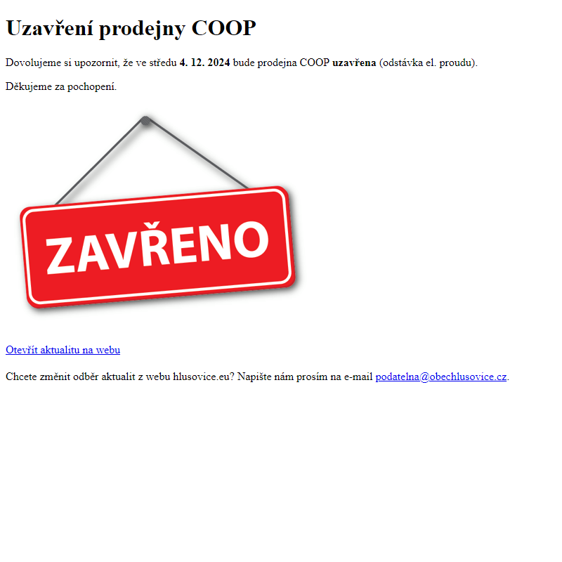 www.hlusovice.eu - Uzavření prodejny COOP