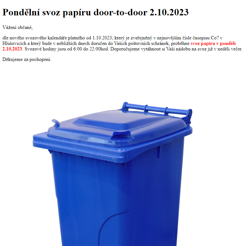 www.hlusovice.eu - Pondělní svoz papíru door-to-door 2.10.2023