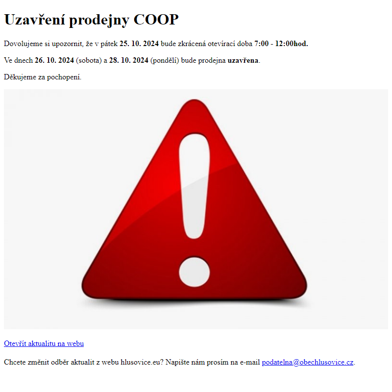 www.hlusovice.eu - Uzavření prodejny COOP