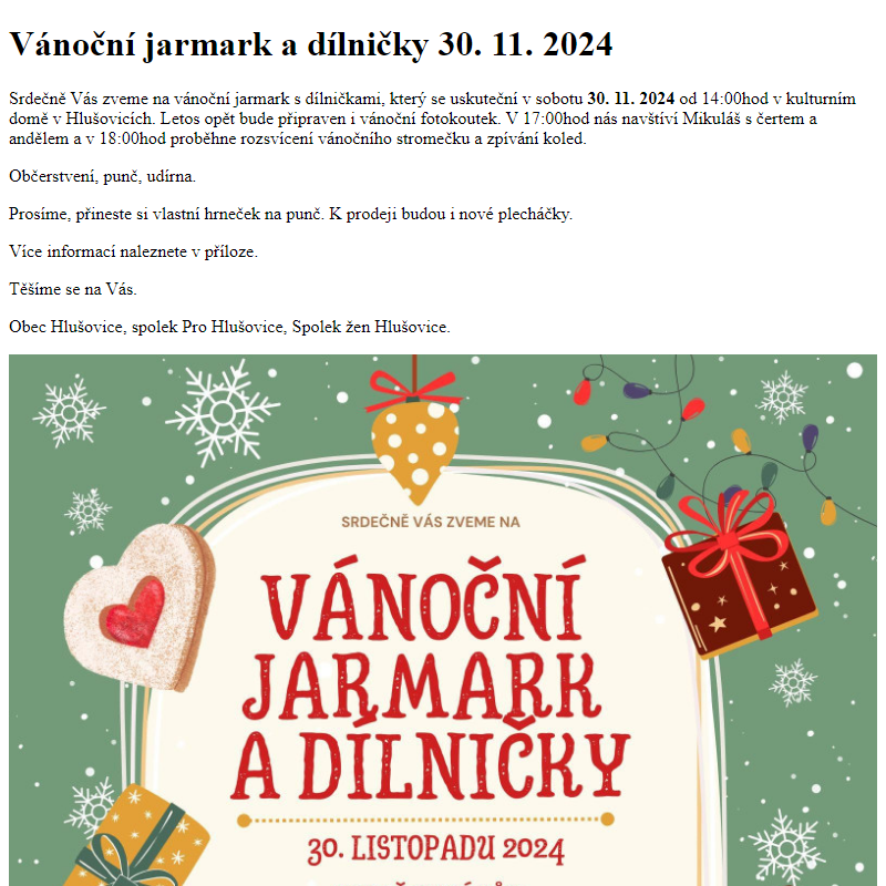 www.hlusovice.eu - Vánoční jarmark a dílničky 30. 11. 2024