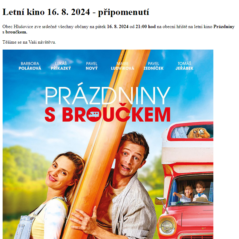 www.hlusovice.eu - Letní kino 16. 8. 2024 - připomenutí