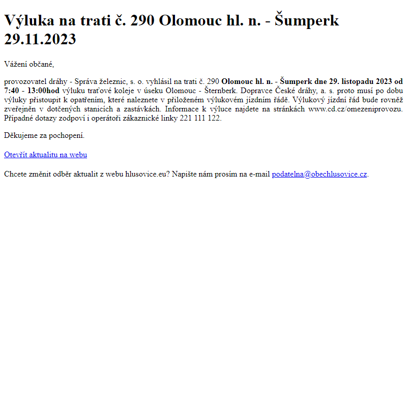 www.hlusovice.eu - Výluka na trati č. 290 Olomouc hl. n. - Šumperk 29.11.2023
