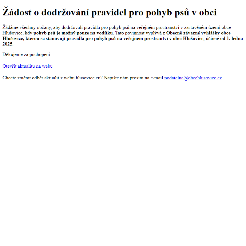 www.hlusovice.eu - Žádost o dodržování pravidel pro pohyb psů v obci