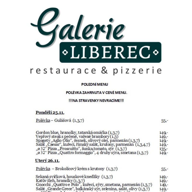 Polední menu Galerie Liberec 25.11.-29.11.2024