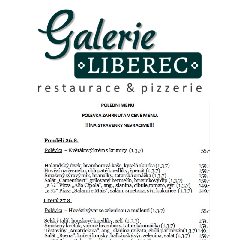 Polední menu Galerie Liberec 26.8. - 30.8.2024