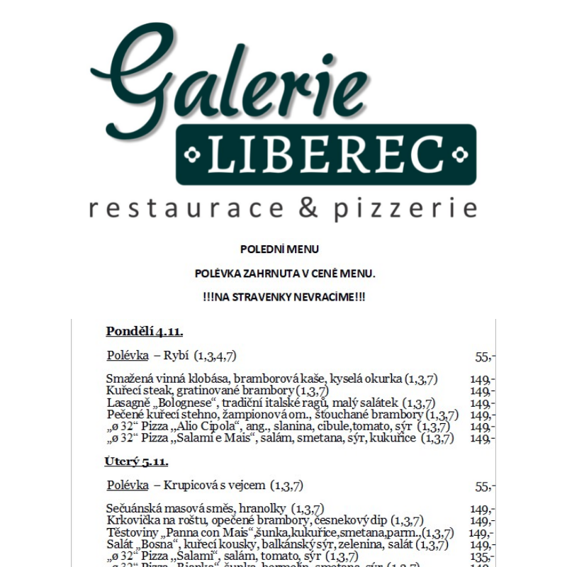 Polední menu Galerie Liberec 9.12.-13.12.2024