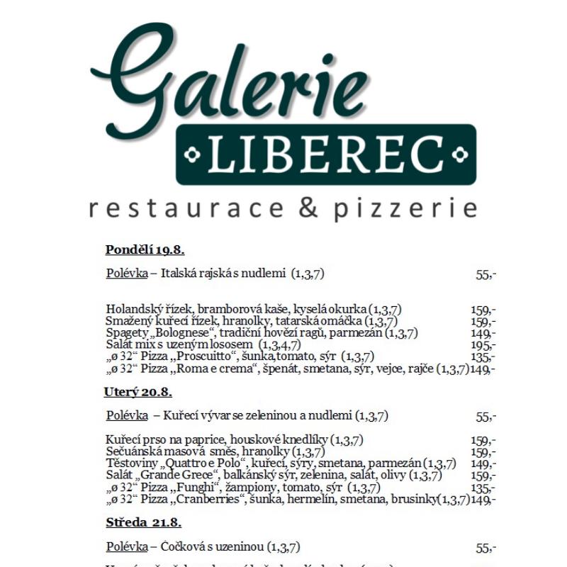 Polední menu Galerie Liberec 19.8. - 23.8.2024