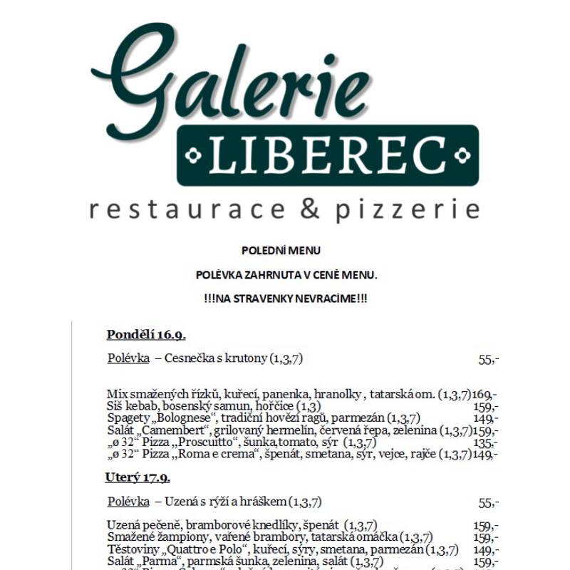 Polední menu Galerie Liberec 16.9. - 20.9.2024