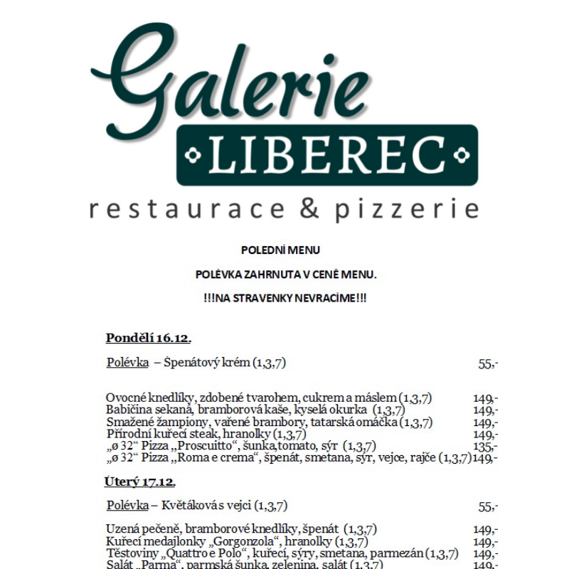 Polední menu Galerie Liberec 16.12.-20.12.2024