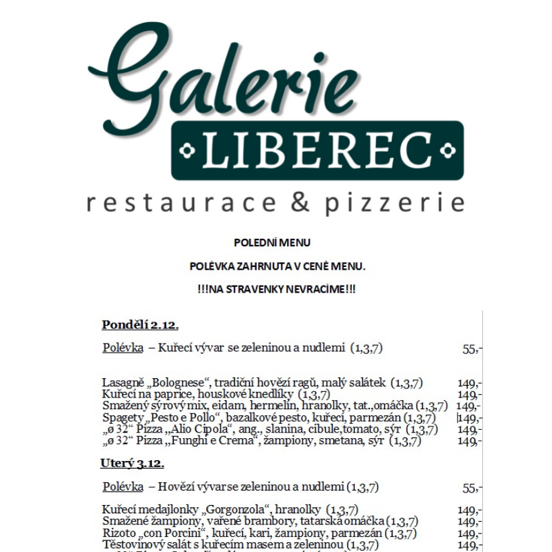 Polední menu Galerie Liberec 2.12. - 6.12.2024