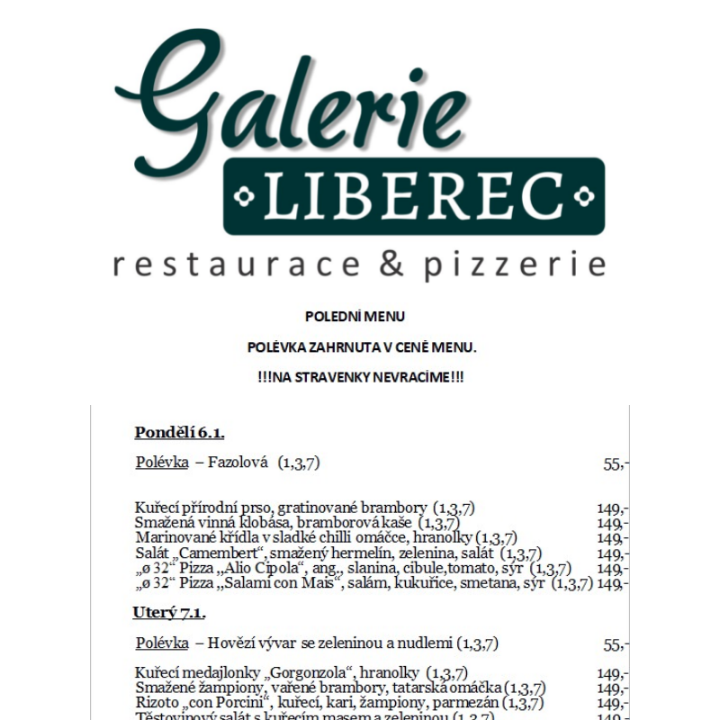 Polední menu Galerie Liberec 6.1.-10.1.2025