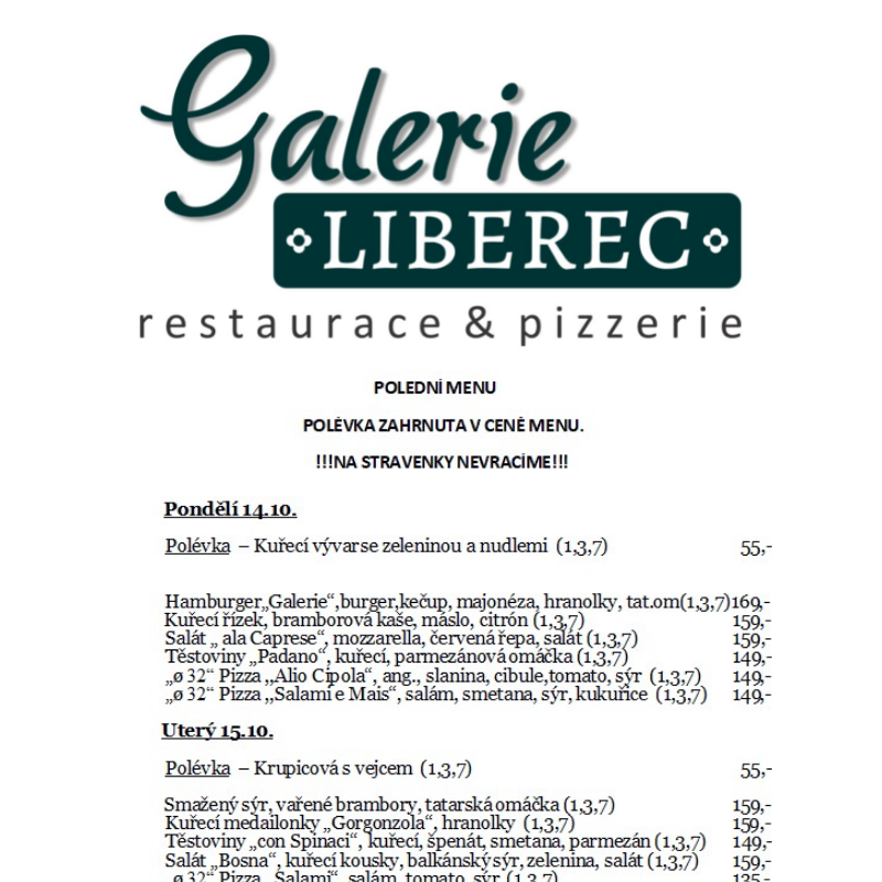 Polední menu Galerie Liberec 14.10.-18.10.2024