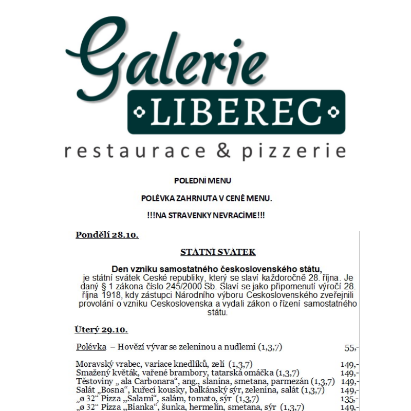 Polední menu Galerie Liberec 28.10. - 1.11.2024