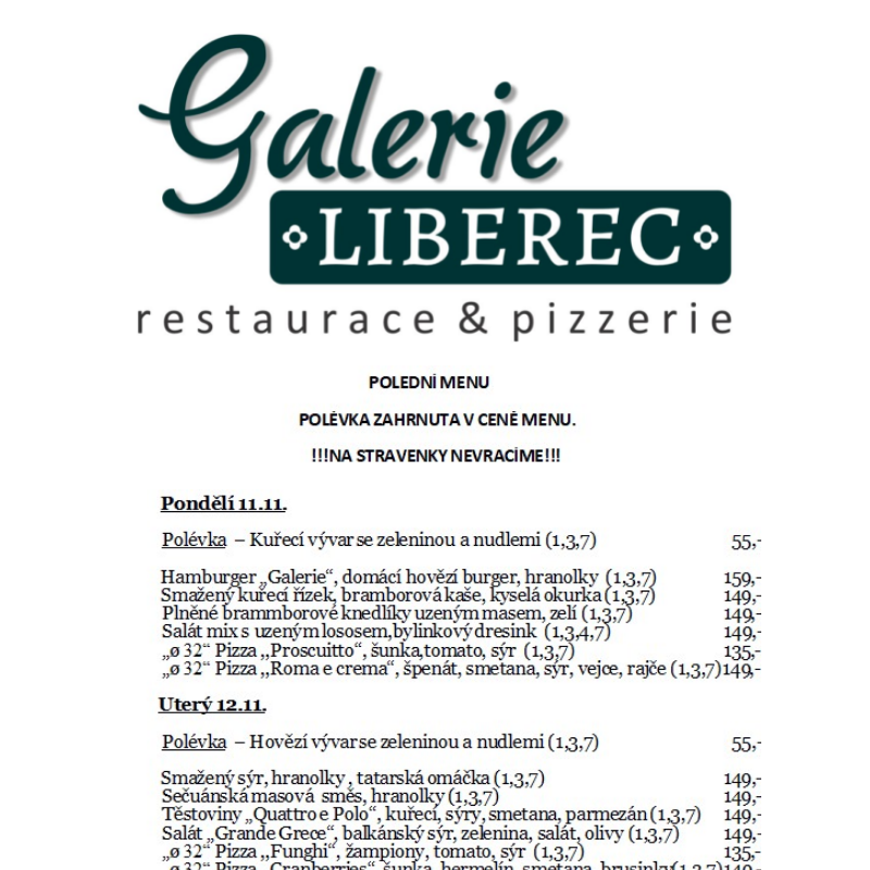 Polední menu Galerie Liberec 11.11. - 15.11.2024