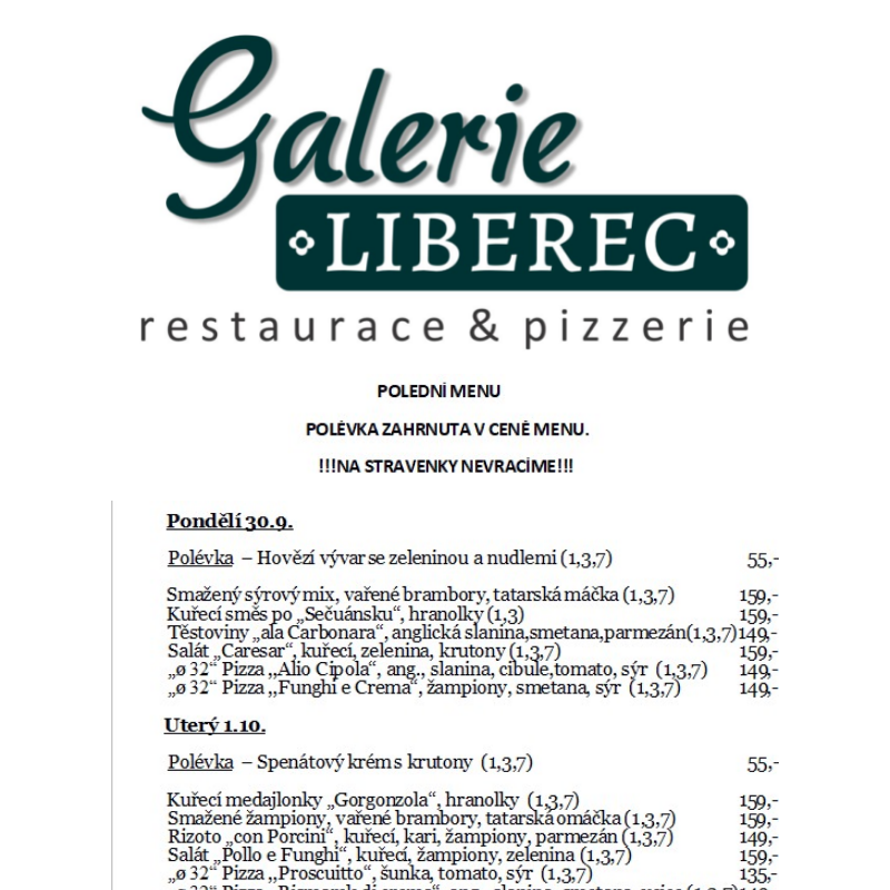 Polední menu Galerie Liberec 30.9. - 4.10.2024