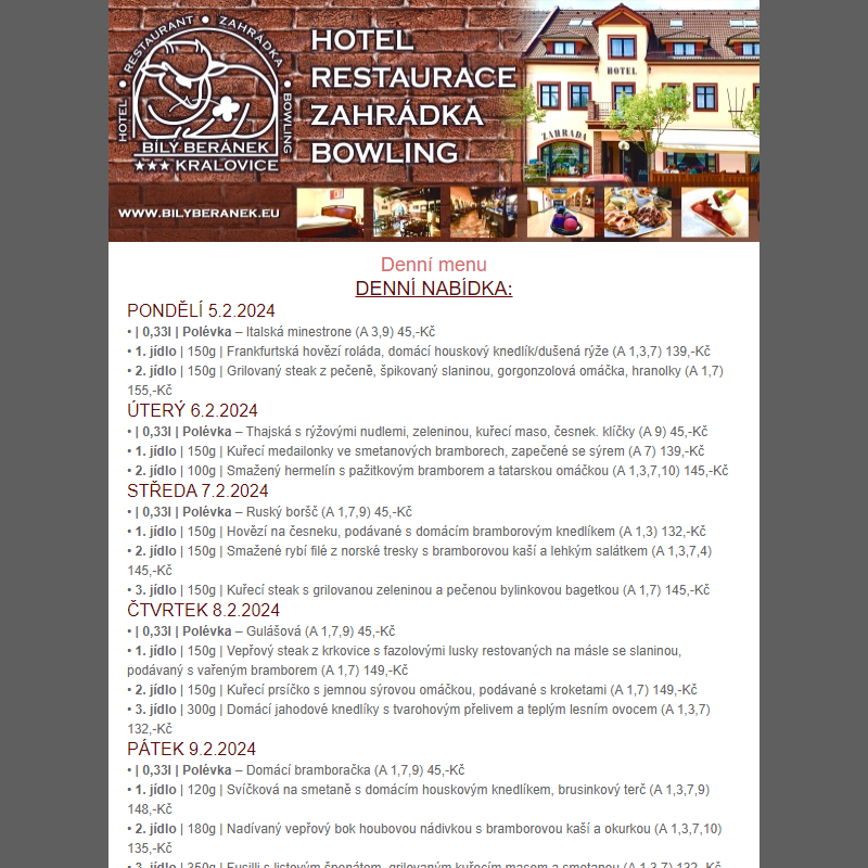Jídelní lístek hotelu Bílý Beránek Kralovice od 5.2.2024 do 11.2.2024