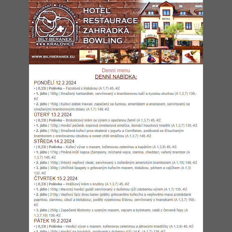 Jídelní lístek hotelu Bílý Beránek Kralovice od 12.2.2024 do 18.2.2024