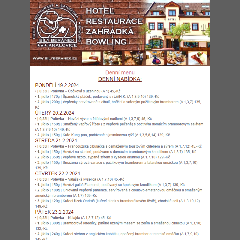 Jídelní lístek hotelu Bílý Beránek Kralovice od 19.2.2024 do 25.2.2024