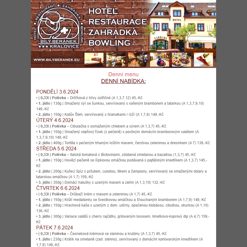 Jídelní lístek hotelu Bílý Beránek Kralovice od 3.6.2024 do 9.6.2024