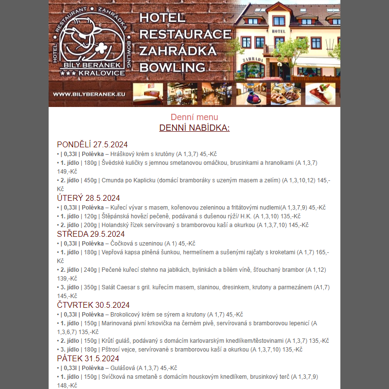 Jídelní lístek hotelu Bílý Beránek Kralovice od 27.5.2024 do 2.6.2024