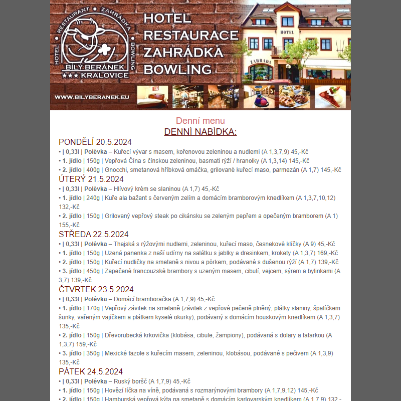 Jídelní lístek hotelu Bílý Beránek Kralovice od 20.5.2024 do 26.5.2024