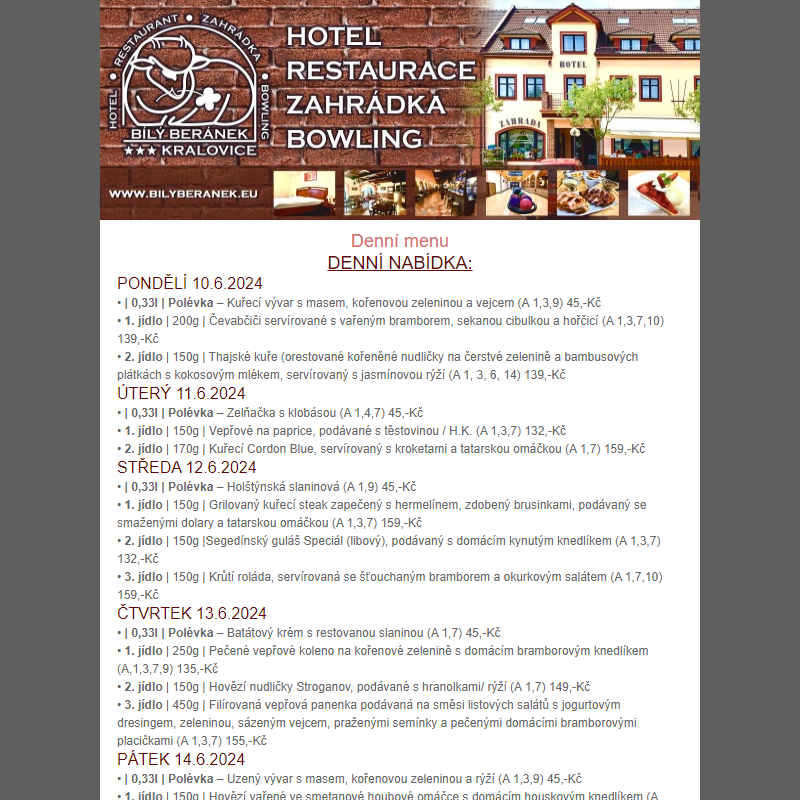 Jídelní lístek hotelu Bílý Beránek Kralovice od 10.6.2024 do 16.6.2024