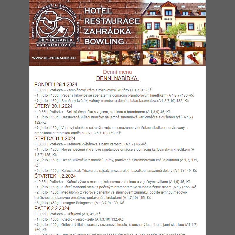 Jídelní lístek hotelu Bílý Beránek Kralovice od 29.1.2024 do 4.2.2024