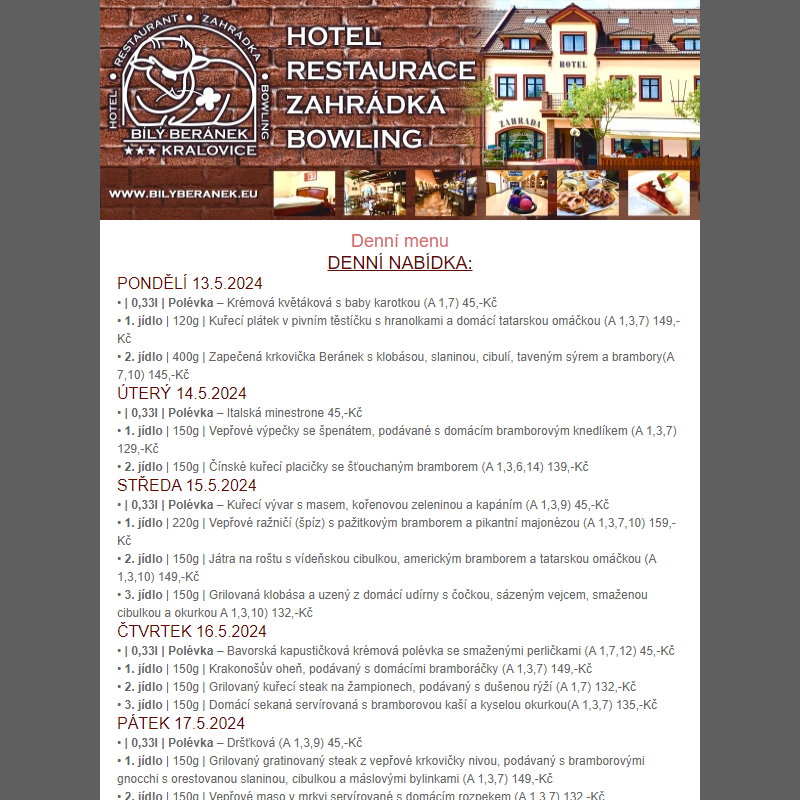 Jídelní lístek hotelu Bílý Beránek Kralovice od 13.5.2024 do 19.5.2024