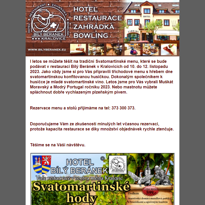 Jídelní lístek hotelu Bílý Beránek Kralovice od 23.10.2023 do 29.10.2023