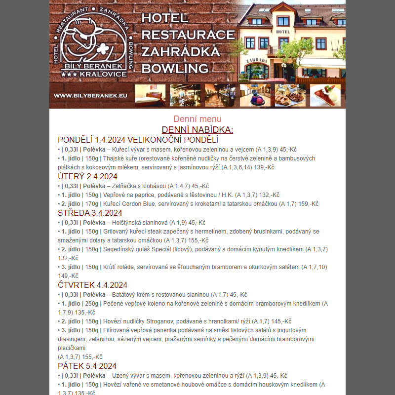 Jídelní lístek hotelu Bílý Beránek Kralovice od 1.4.2024 do 7.4.2024