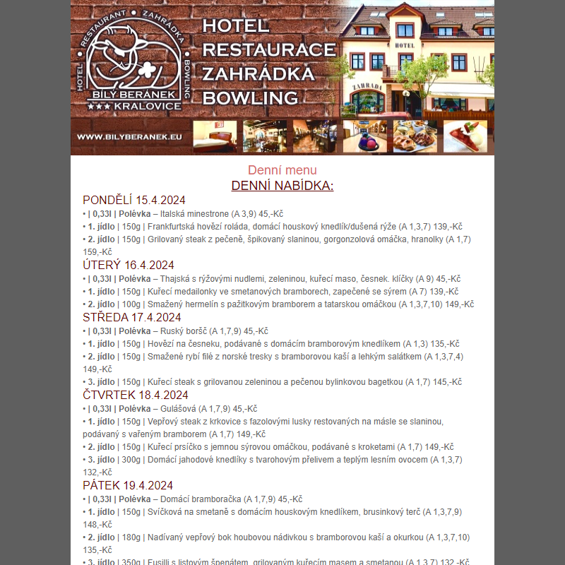 Jídelní lístek hotelu Bílý Beránek Kralovice od 15.4.2024 do 21.4.2024