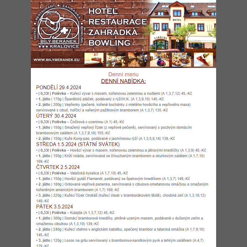 Jídelní lístek hotelu Bílý Beránek Kralovice od 29.4.2024 do 5.5.2024