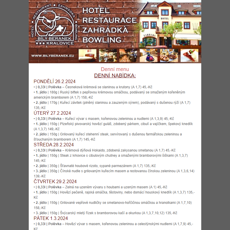 Jídelní lístek hotelu Bílý Beránek Kralovice od 26.2.2024 do 3.3.2024