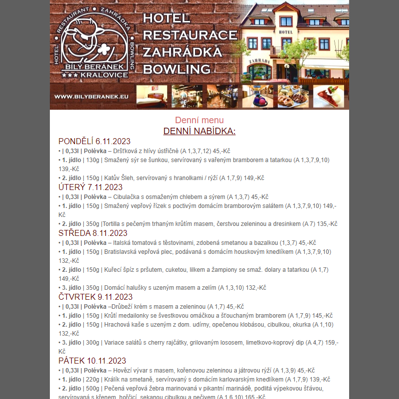 Jídelní lístek hotelu Bílý Beránek Kralovice od 6.11.2023 do 12.11.2023
