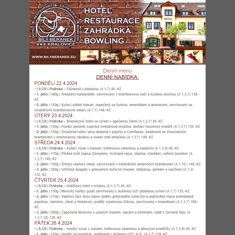 Jídelní lístek hotelu Bílý Beránek Kralovice od 22.4.2024 do 28.4.2024
