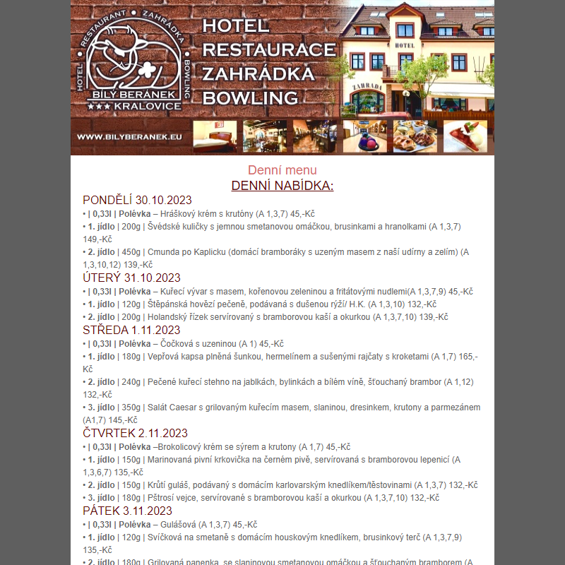 Jídelní lístek hotelu Bílý Beránek Kralovice od 30.10.2023 do 5.11.2023