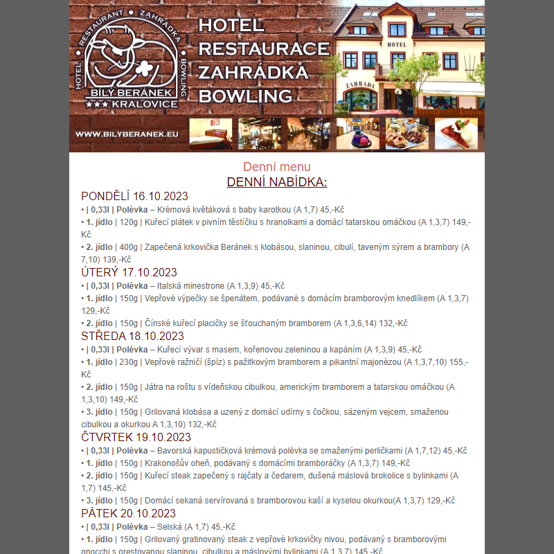 Jídelní lístek hotelu Bílý Beránek Kralovice od 16.10.2023 do 22.10.2023