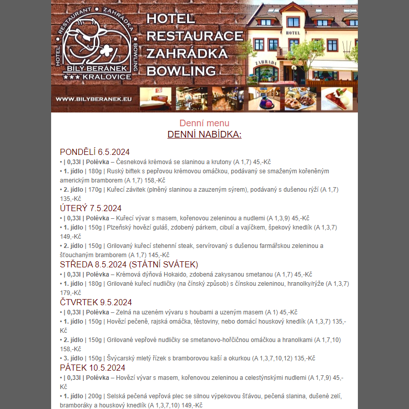 Jídelní lístek hotelu Bílý Beránek Kralovice od 6.5.2024 do 12.5.2024