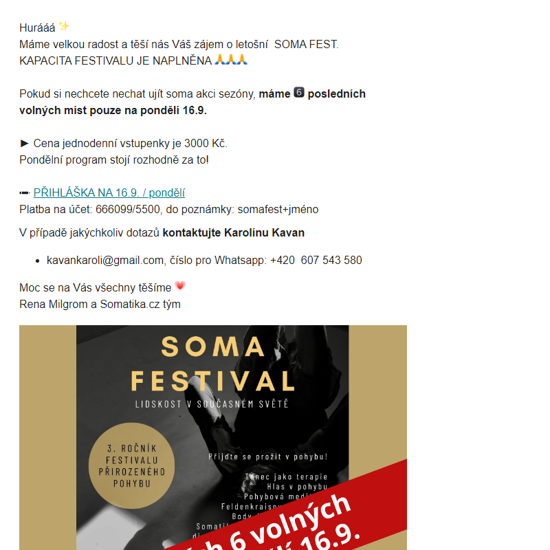 Posledních 6 volných vstupenek na 16.9. na SOMA FEST _