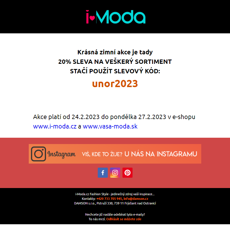 20% únorová SLEVA na veškeré zboží v našem e-shopu I-moda.cz