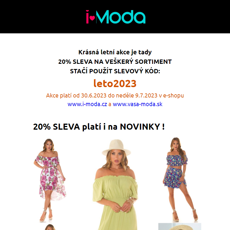 20% letní SLEVA na veškeré zboží v našem e-shopu I-moda.cz