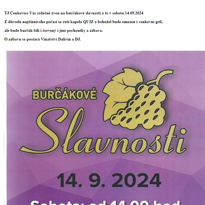 Burčákové slavnosti v sobotu 14.9.2024 od 14:00